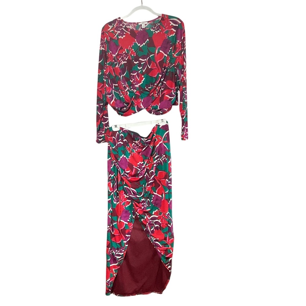 Bar III Floral 2-Piece Skirt Set Womens 2X Red Teal Twist Front Midi Slit